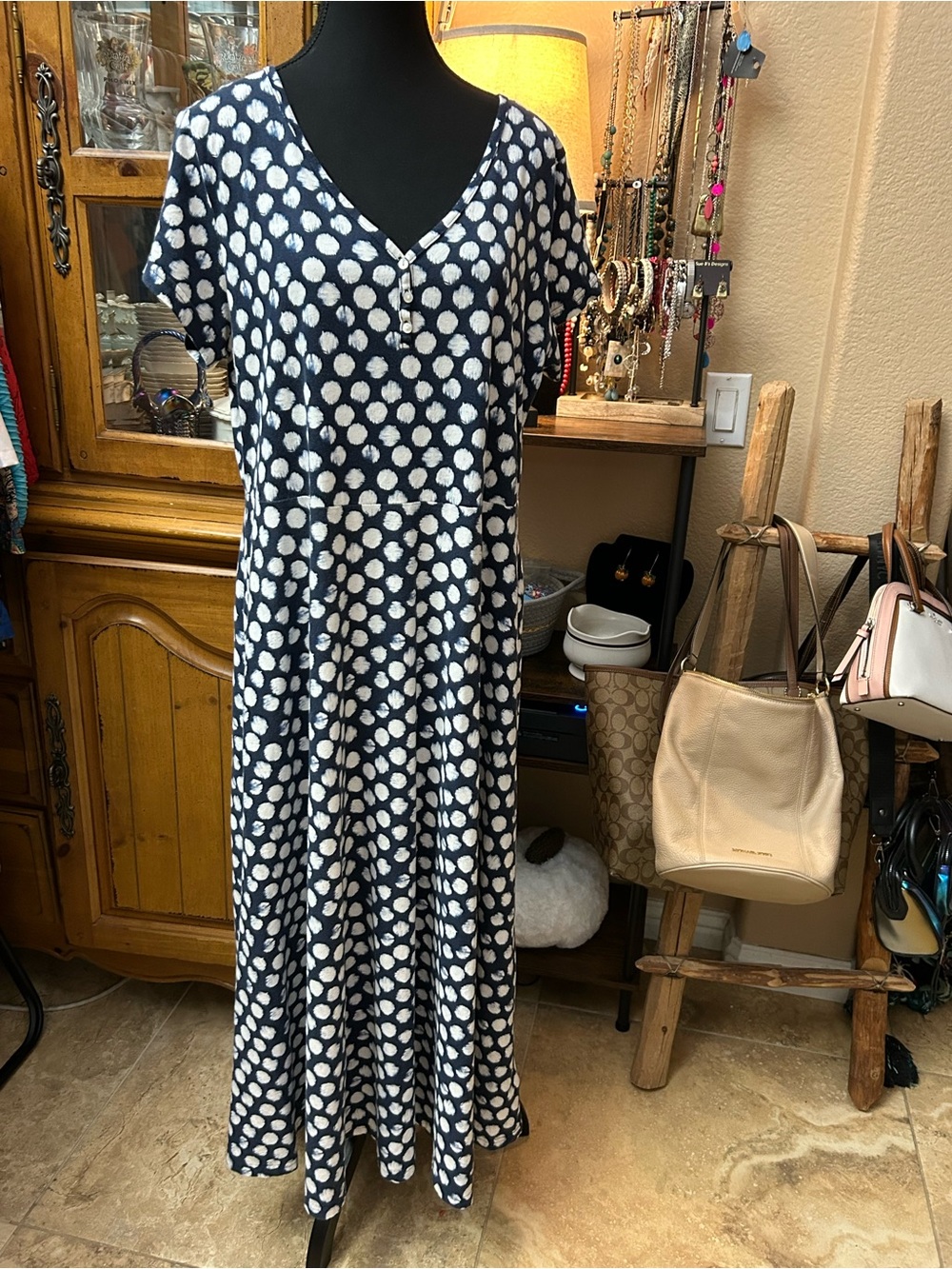 Chaps Navy and White Polka Dot V-Neck Midi Dress